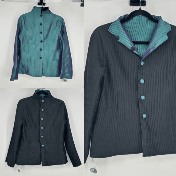 Vintage 80s Women’s Pleats Reversible Jacket Iridescent Green Black Asian Style - Picture 1 of 10